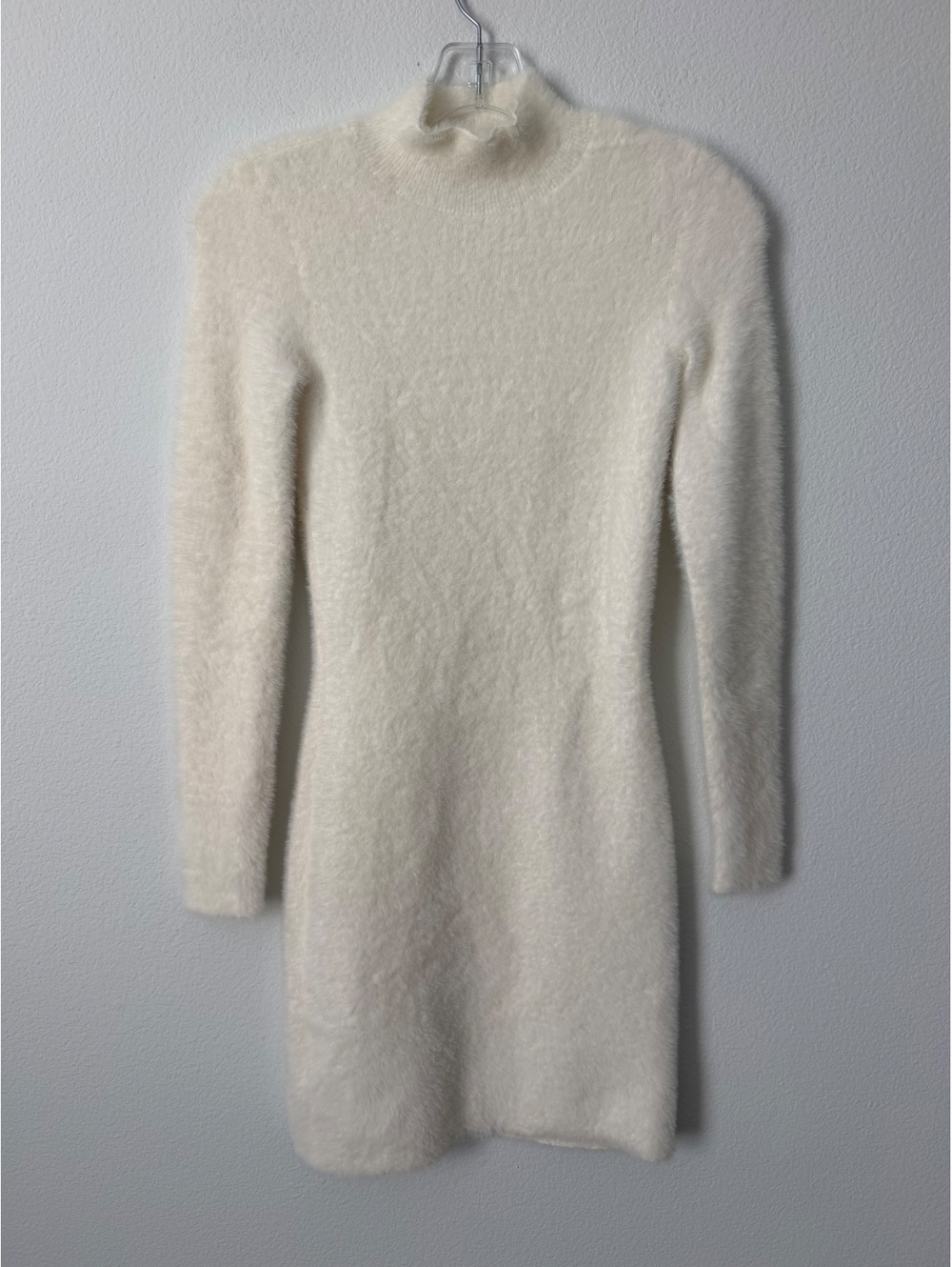 Sunday Best Cream Fuzzy Eyelash Knit Mock Neck "Mini Sweater Dress" Size XS